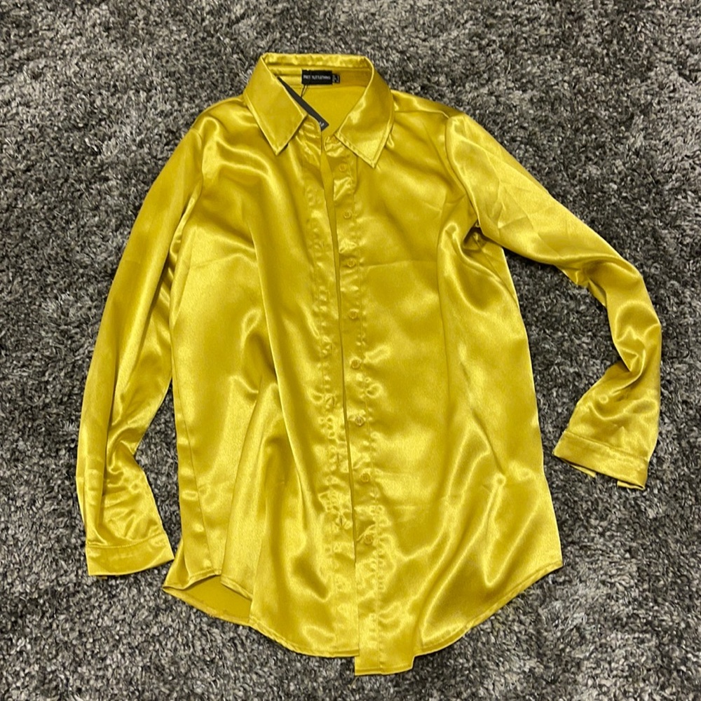 PLT Mustard Yellow Shiny Shirt Dress XS NWT